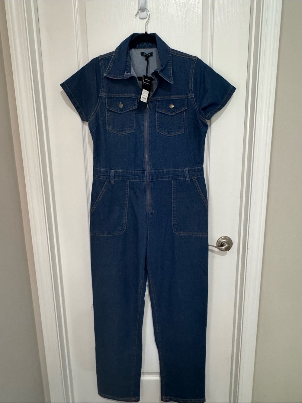 bebe Dark Blue Denim Short-Sleeve Jumpsuit